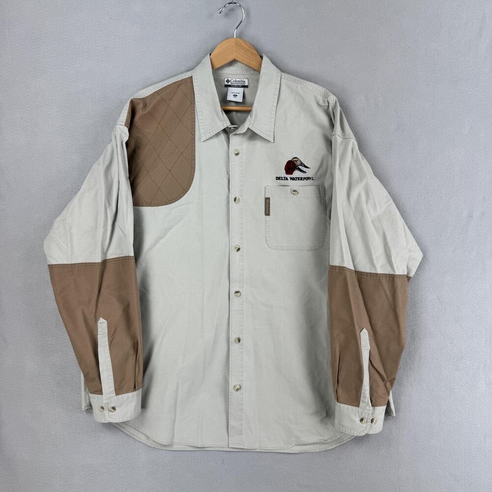 Columbia Shirt Mens 2XL Beige Long Sleeve Button Up Delta Waterfowl Hunting